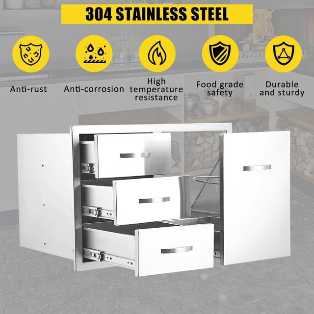 Edtara Armoire de Rangement Extérieure en Acier Inoxydable, Unité Encastrée Étanche à 2 Tiroirs avec Accès Intégré pour Îlots de Gril