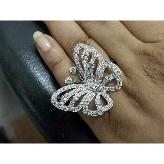 2.00Ct Round Cut Lab Created Diamond Big Butterfly Ring 14K White Gold Plated