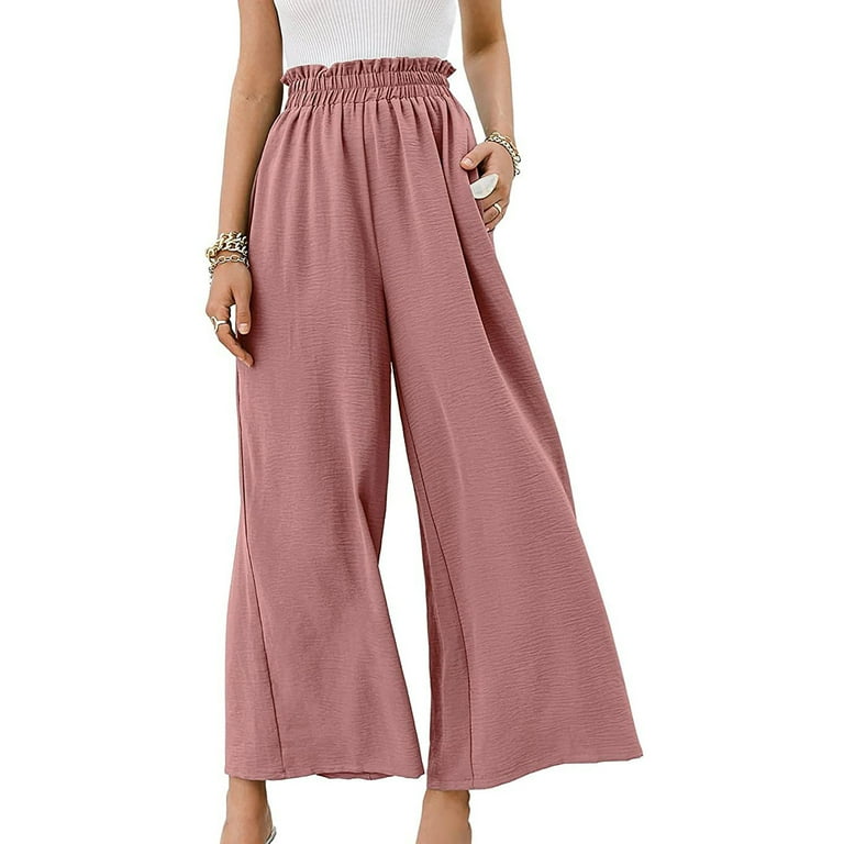 Women's Wide Leg Palazzo Pants, Fashion Ruffle Elastic High Waisted Solid  Color Plus Size Cropped Flowy Light Trousers