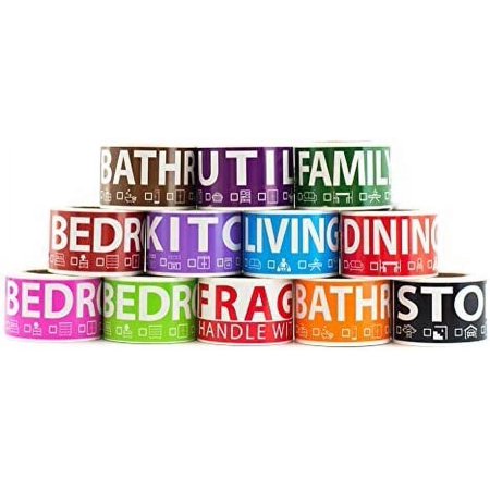 600 Home Moving Labels for 3 Bedroom House. 50 labels per room, 12 Color Coded Label Rolls. FRAGILE label included. For Moving boxes, Moving Supplies, Wardrobe Boxes, Apartment sticker