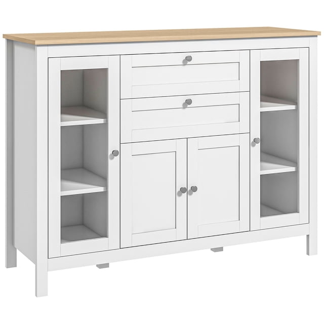 White Buffet Cabinet with Glass Doors & 2 Drawers - 47" Kitchen Sideboard for Dining Room, Living Room Storage