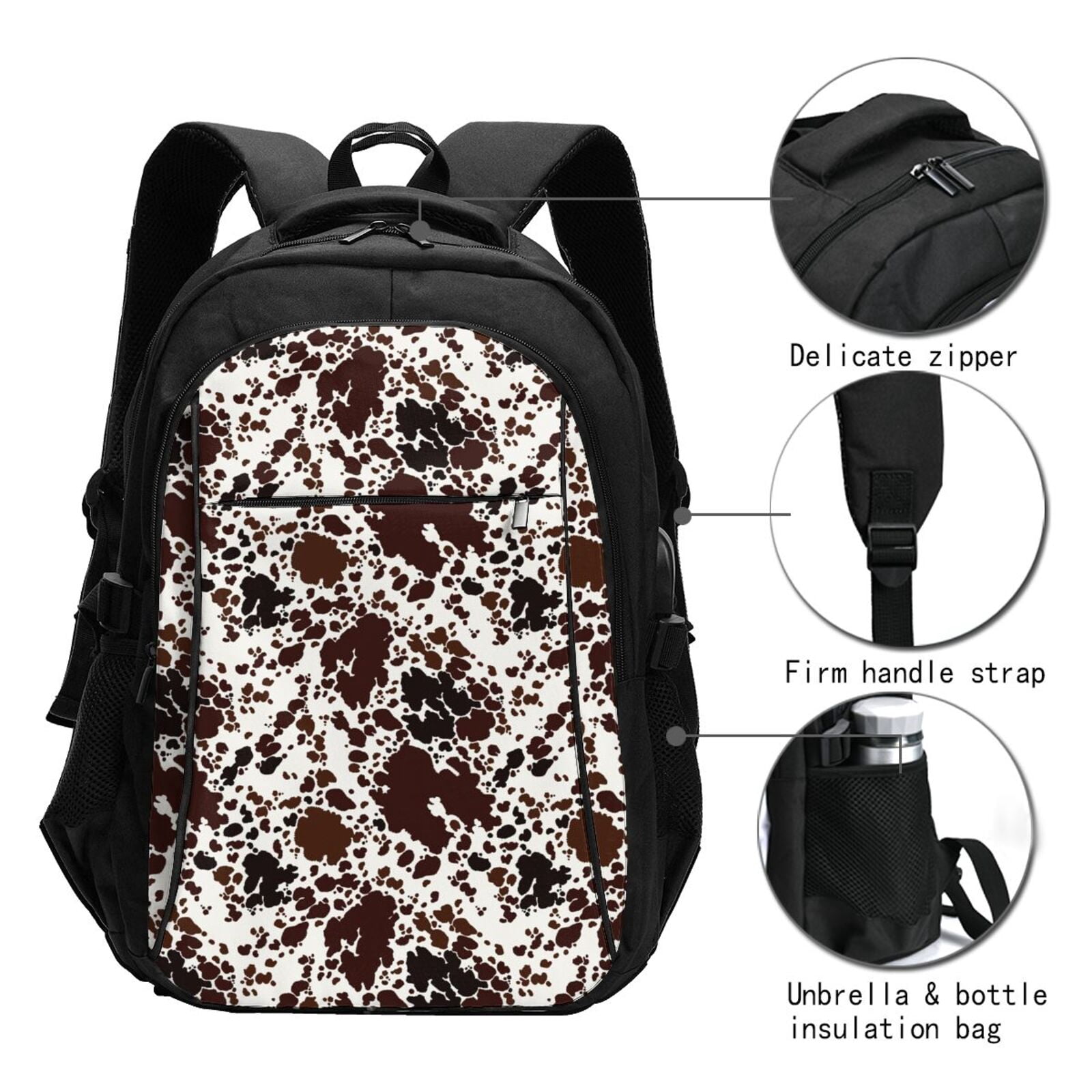 Horeoi Cow Skin Print USB Backpack for Travel School Work with Laptop Compartment Charging Port and Anti-Theft Pocket
