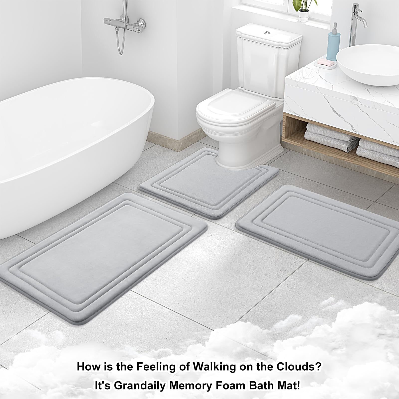 Smiry Memory Foam Bathroom Mat Rug 47" x 24", Ultra Soft Absorbent Bath Rug, Non-Slip Machine Washable Bath Carpet, Grey