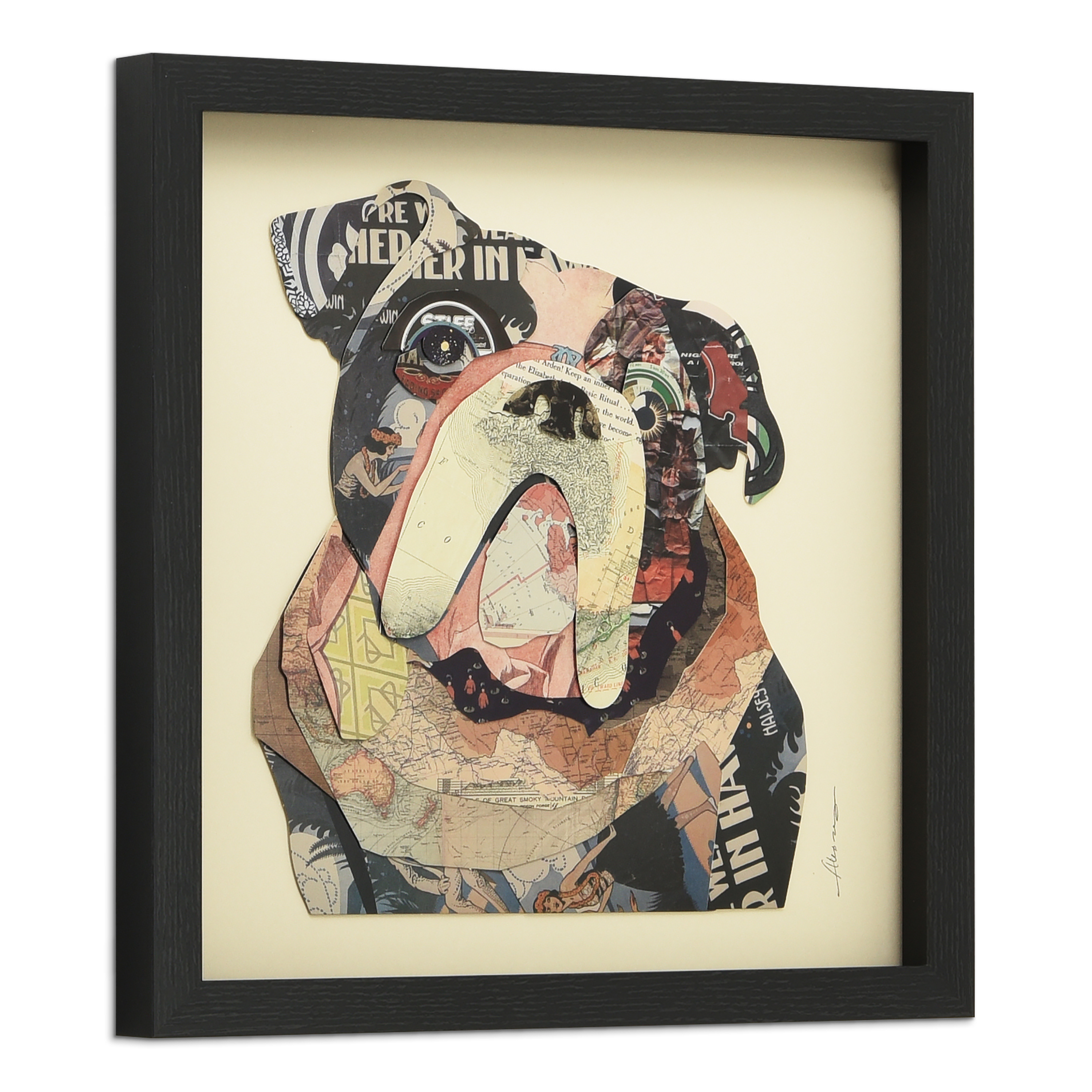 "English Bulldog" Dimensional Collage Framed Graphic Art Under Glass Wall Art