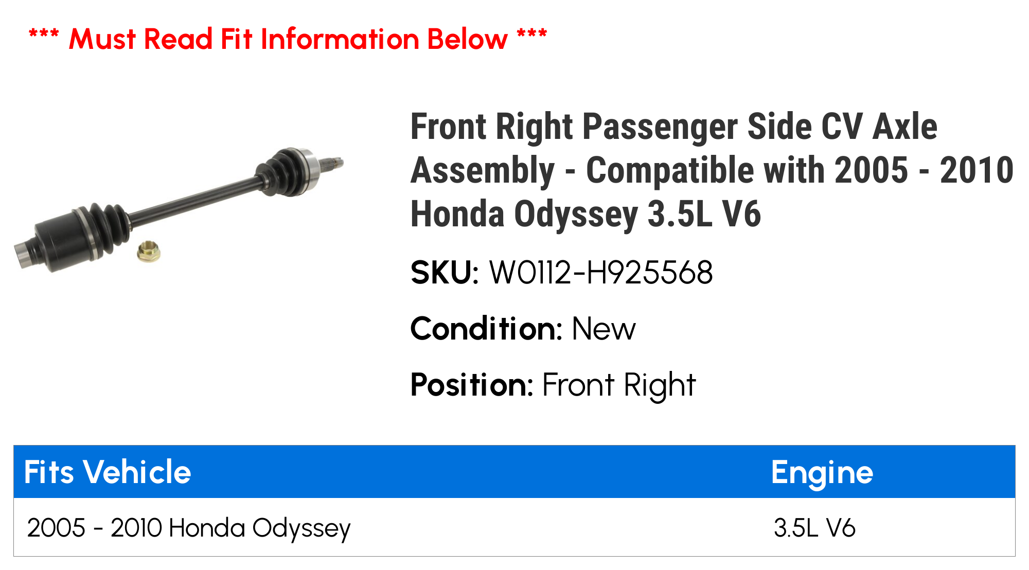 DTA Front Right CV Axle For 2005-2010 Honda Odyssey – HO2326, OE Spec, 2-Year Warranty, Free Shipping