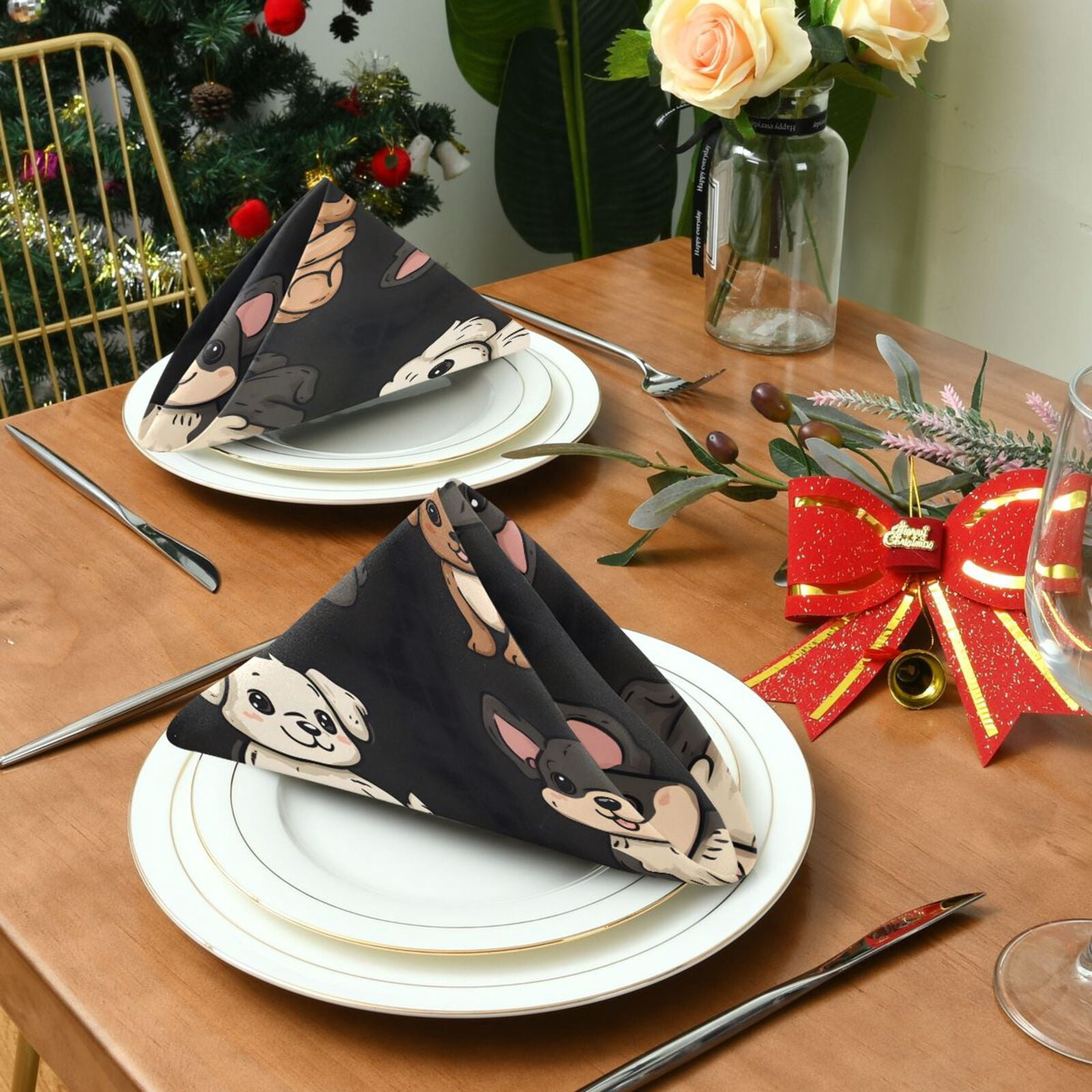 JSTEL Cute Puppy Dogs Print Cloth Napkins Set of 6, 20x20 Inch Washable and Reusable Napkin for Decoupage Dinner Party Everyday Use