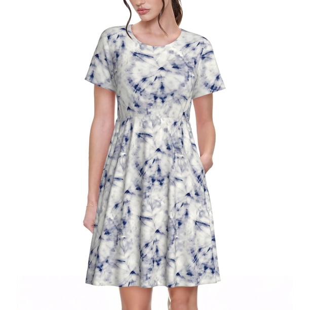 Balery Indigo Tie Dye Vestidos sueltos de manga corta para mujer, vestidos de verano 2025, vestidos casuales de corte A con vuelo.