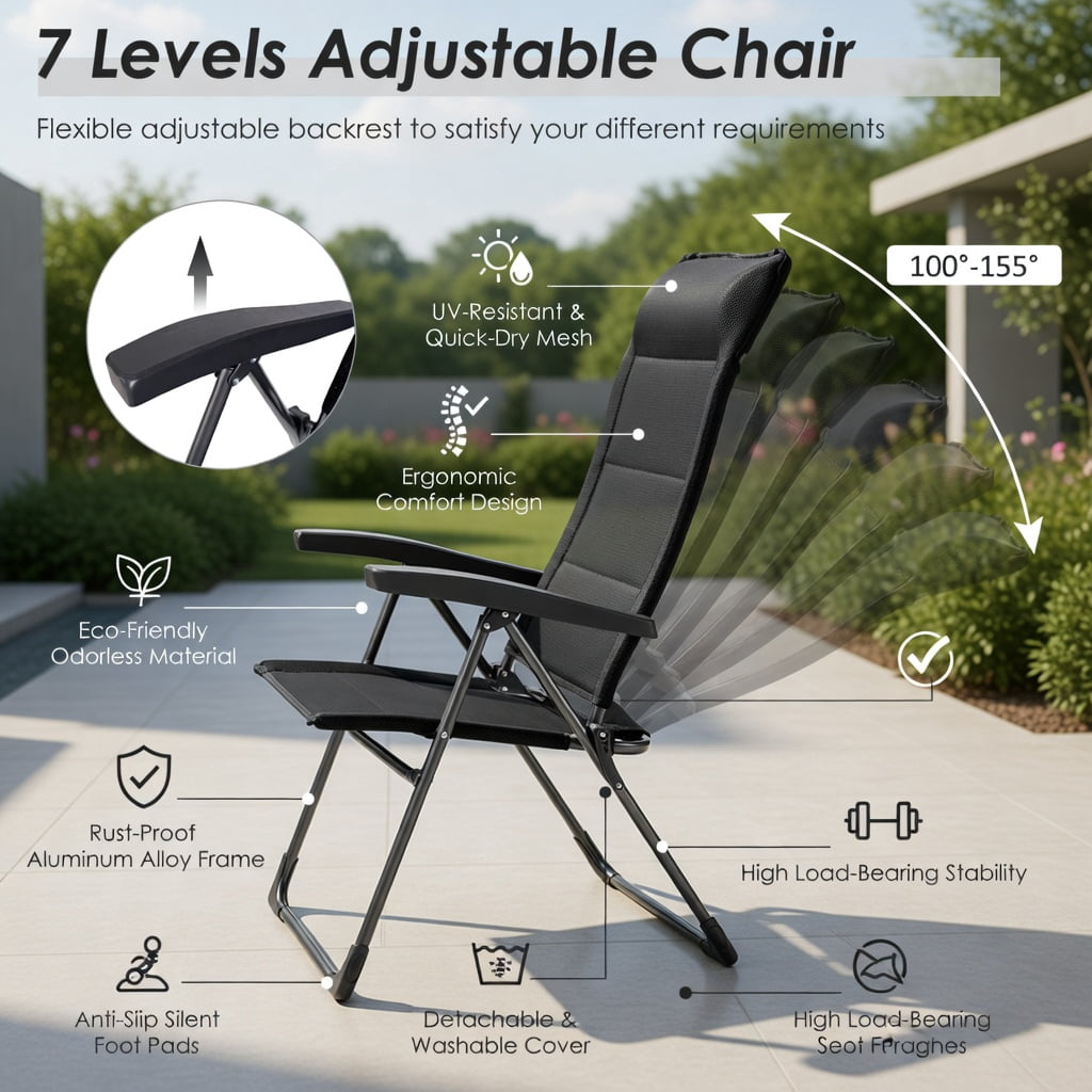 Hommoo 2-Pack Foldable Outdoor Dining Chairs with Adjustable Headrest & Reinforced Iron Frame, Portable Patio, Camping, Deck, and Poolside Seating, Black