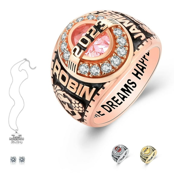 Ccjcinata Customized Sterling Silver High School and College Class Ring for women pride ring graduation rings for men Classic Collection Fully Personalized (Sterling Silver - Rose Gold Plated)