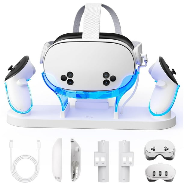 Base de carga rápida 2 en 1 para Meta Quest 3 y Quest 3S: incluye 2 baterías recargables, carga el casco y los mandos de VR, compatible con los accesorios de Quest 3/3S