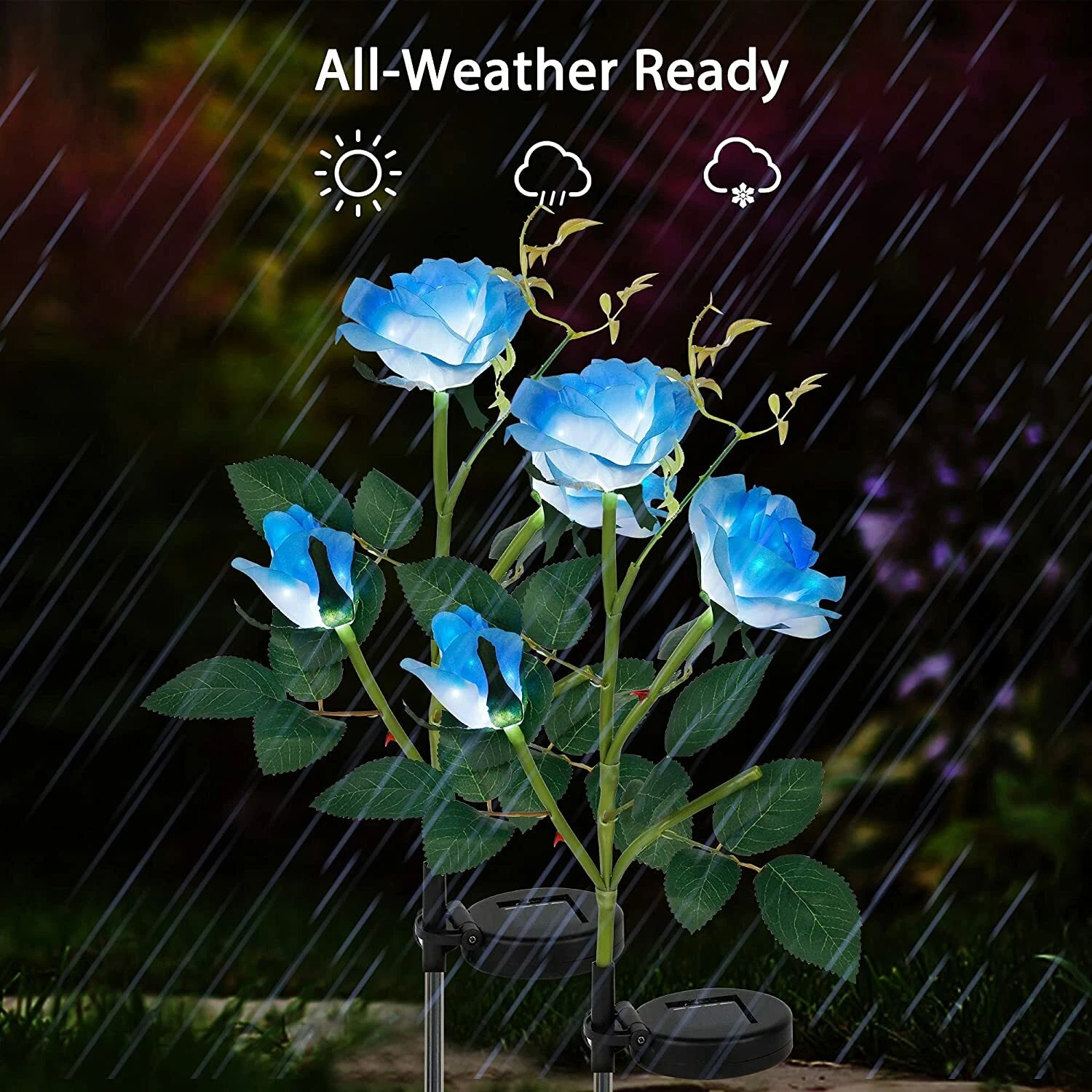 iMeshbean 2 Pack Solar Flowers Lights Outdoor Garden, Waterproof LED Roses Flowers Lights, Blue