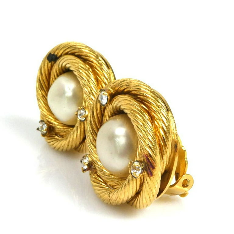 Pre-Owned Chanel CHANEL earrings metal / fake pearl rhinestone gold  off-white ladies (Good) 