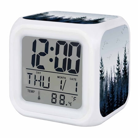Forest Digital Alarm Clock for Bedrooms, Smart LED Alarm Clock with 7 Color Changing Night Light, Dark Blue Fall Bird Vintage Farmhouse Tree Silent Wake Up Clocks for Sleep Study Cooking 3.2x3.2