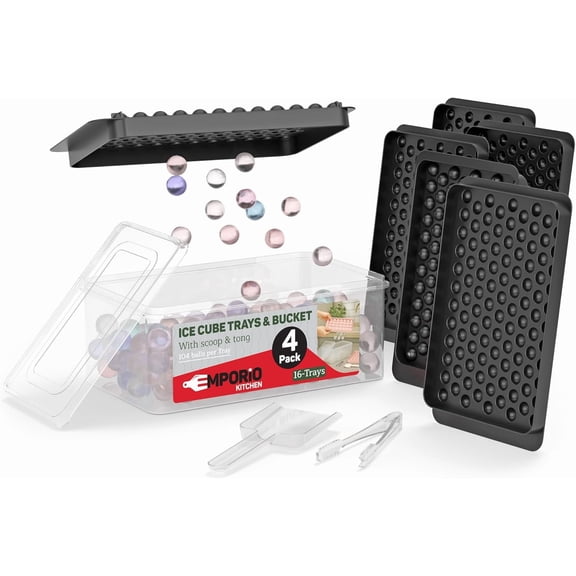 Emporio Kitchen Round Ice Cube Tray 4 Pack with Lid & Tongs,Stackable Mold, Makes 33 Ice Balls, Quick-Release, Maker for Whiskey & Cocktails, Black