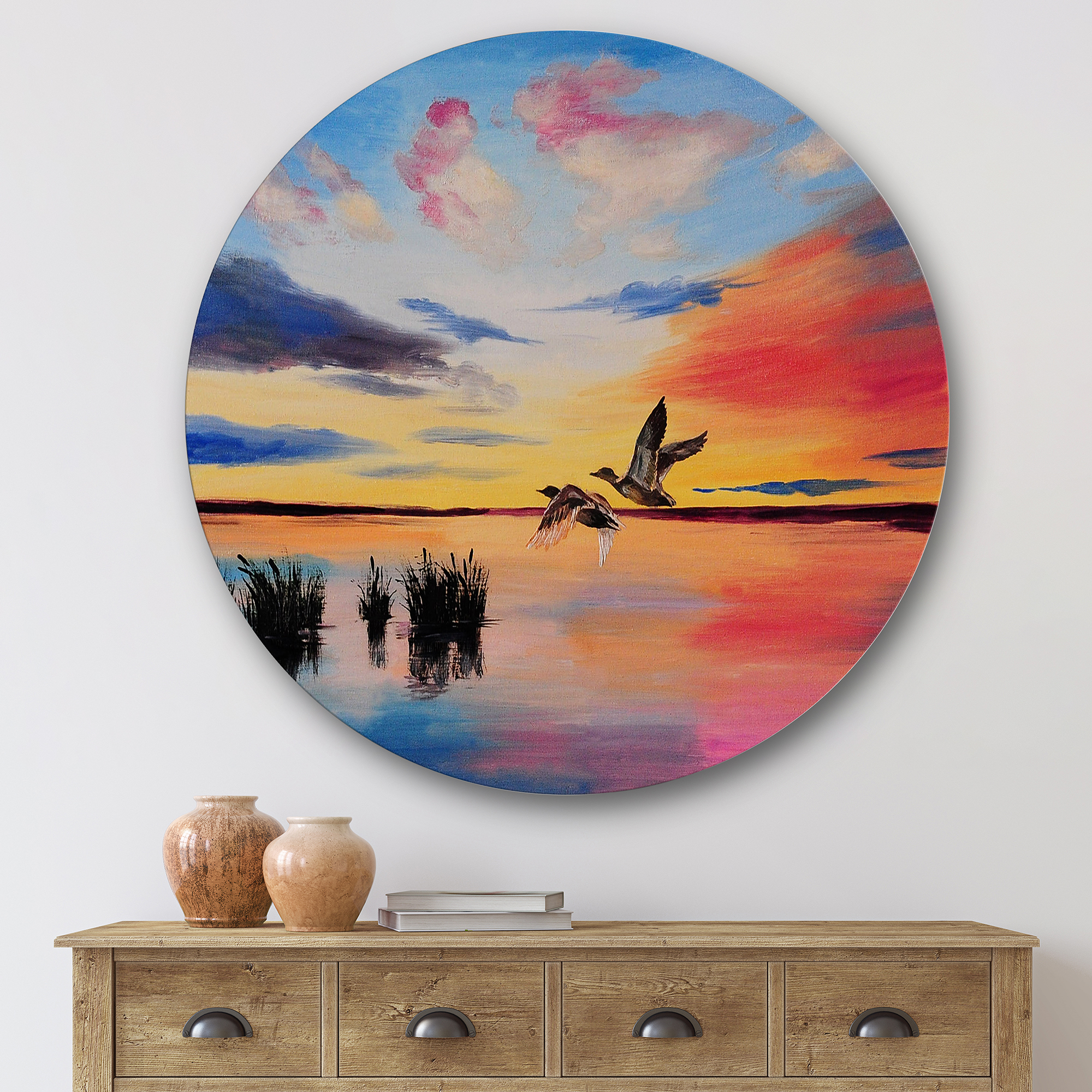 Designart 'Crane Birds Flying During Colorful Sunset' Nautical & Coastal Circle Metal Wall Art 29x29 - Disc of 29