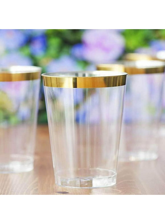Balsa Circle Clear with Gold Rim 25 Pieces 10 oz Disposable Plastic Cups, Wedding Reception Party Buffet Catering Tableware