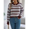 thumbnail image 4 of Women'S 2025 Fall Winter Color Block Striped Sweater Crew Neck Sweaters Casual Loose Knit Sweater Wine Red S, 4 of 7