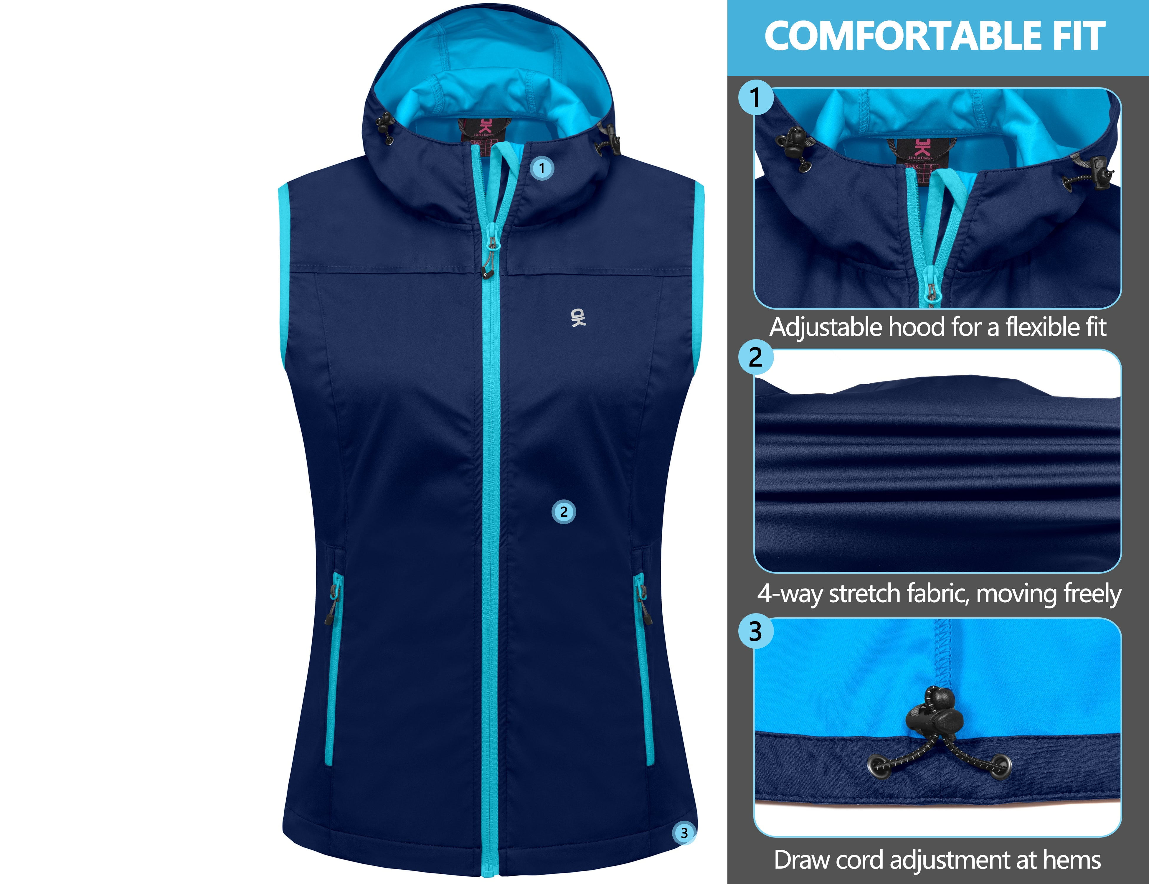 Little Donkey Andy Women's Lightweight Softshell Vest, Hooded Windproof Sleeveless Jacket for Golf Travel Hiking Running Blue S