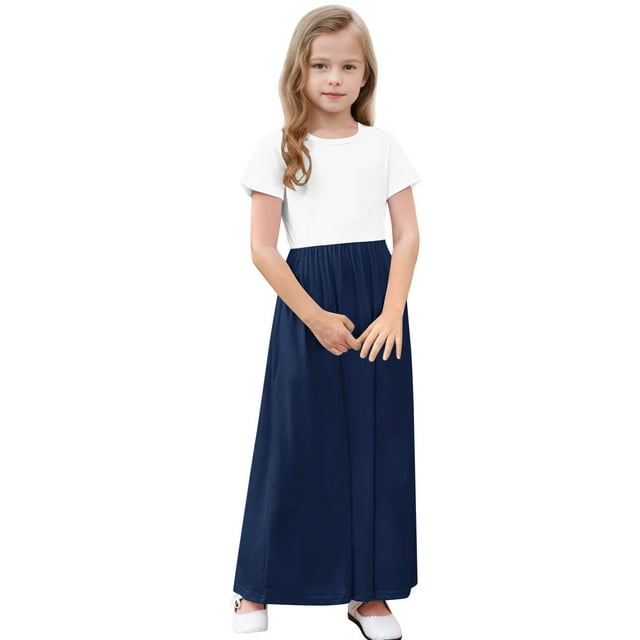 Ohufall Robe Bébé Fille Ligne A 4-14T Manches Courtes Patchwork Extensible Respirante Longue Robe Fille