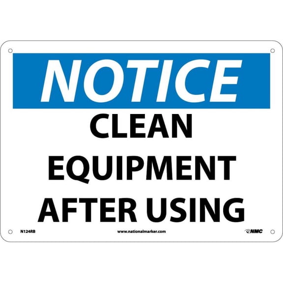 NMC Signs N124Rb, Notice Clean Equipment After Using Sign, 10 X 14, Rigid Plastic .050