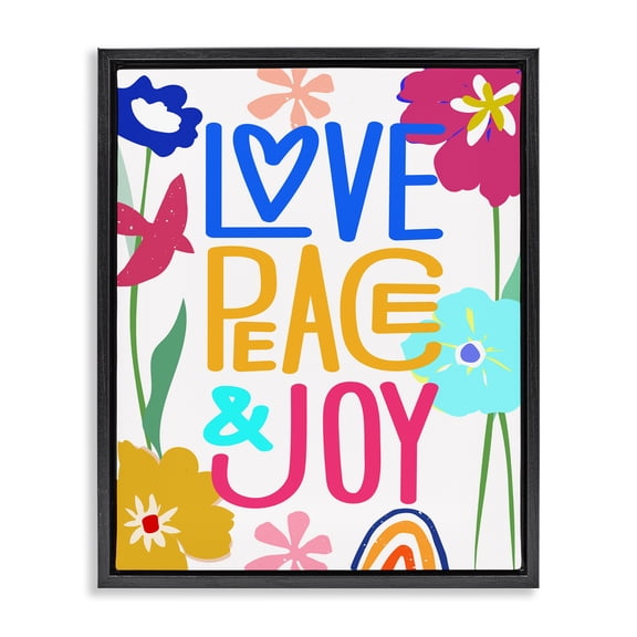 Stupell Industries Bold Love Peace Joy Plants & Flowers Painting Black Floater Framed Canvas Art Print Wall Art, 17 x 21