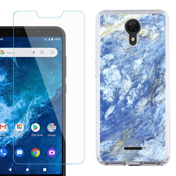 Slim-Fit Protective Phone Case compatible with Cricket Icon 2, with Tempered Glass Screen Protector, by OneToughShield ® - Marble / Gem Blue