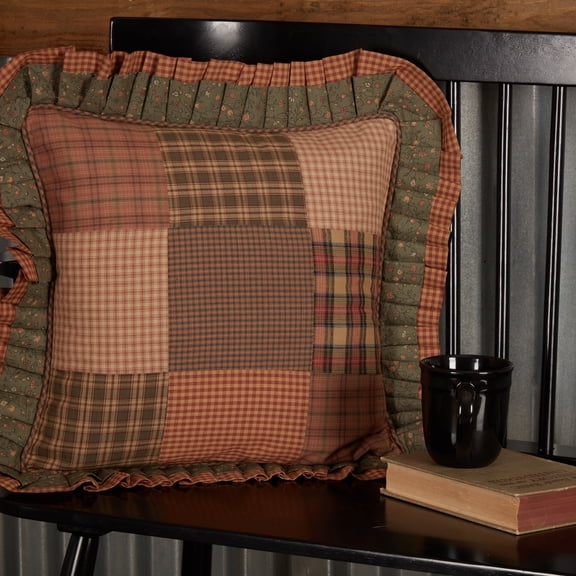 VHC Brands Primitive Bedding Cinnamon Plaid Cotton Patchwork Square Cover Insert Pillow, Dark Olive Green