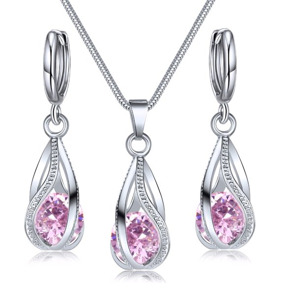 HUANLEDASH Silver Drop Jewelry Set for Women Cubic Zircon Teardrop Dangle Earrings And Necklace Set for Wedding Bridal Accessories