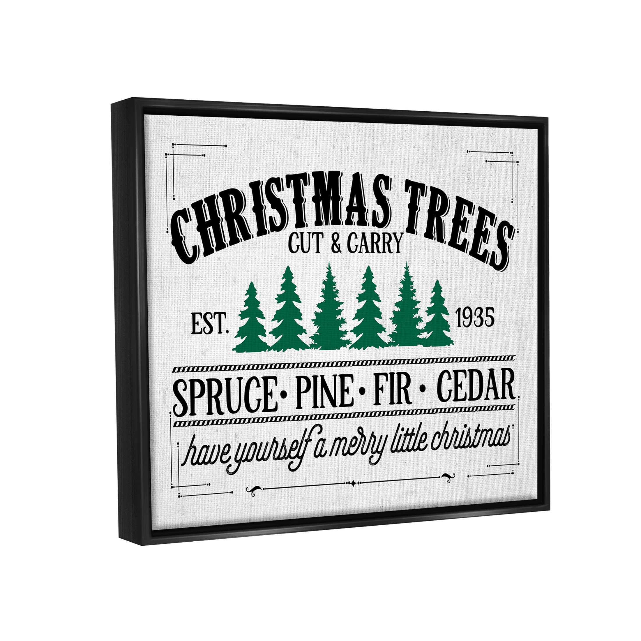 Stupell Industries Christmas Trees Vintage Sign Graphic Art Jet Black Floating Framed Canvas Print Wall Art, Design by Lettered and Lined
