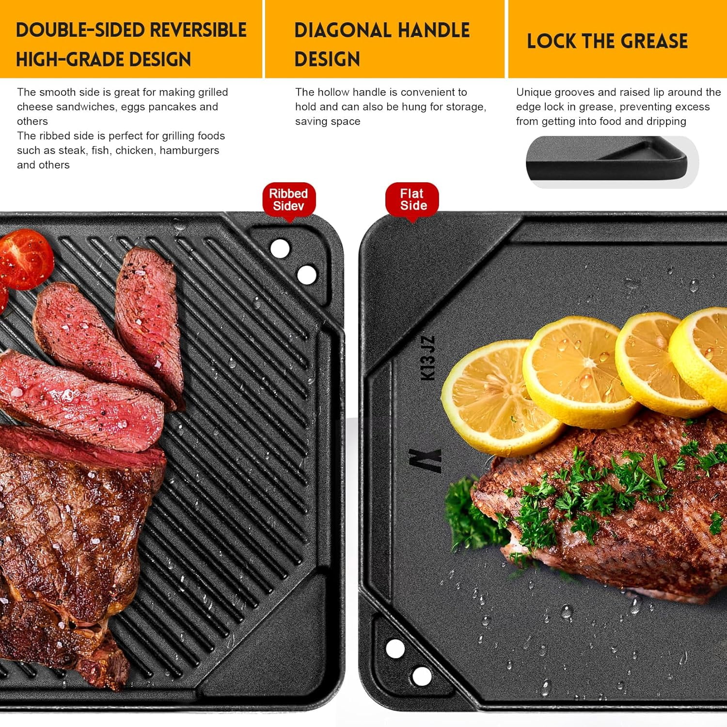 Cast Iron Reversible Griddle, Double-sided Flat Ribbed Pan for Indoor Outdoor Stove Grill Camping Cooking