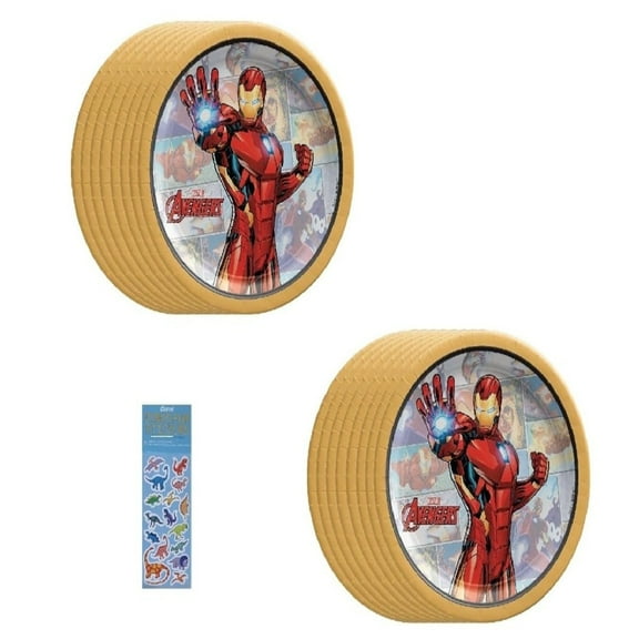 Iron Man Birthday Party Bundle includes 16 Dessert Cake Paper Plates 7",  1 Dinosaur Sticker Sheet