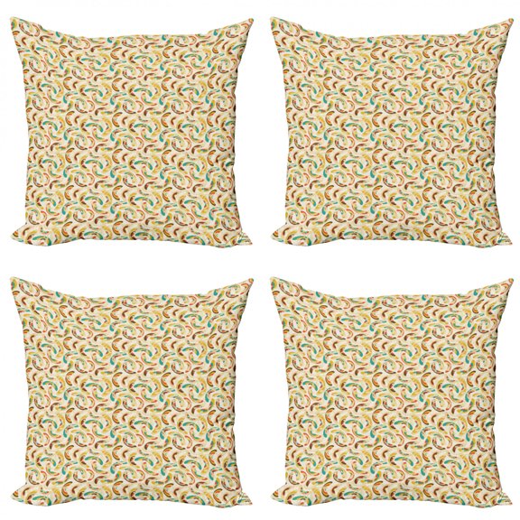 Abstract Throw Pillow Cushion Case Pack of 4, Different Shapes Ellipses Swirls and Curls Colorful Design Filigree Ornamental, Modern Accent Double-Sided Print, 4 Sizes, Multicolor, by Ambesonne