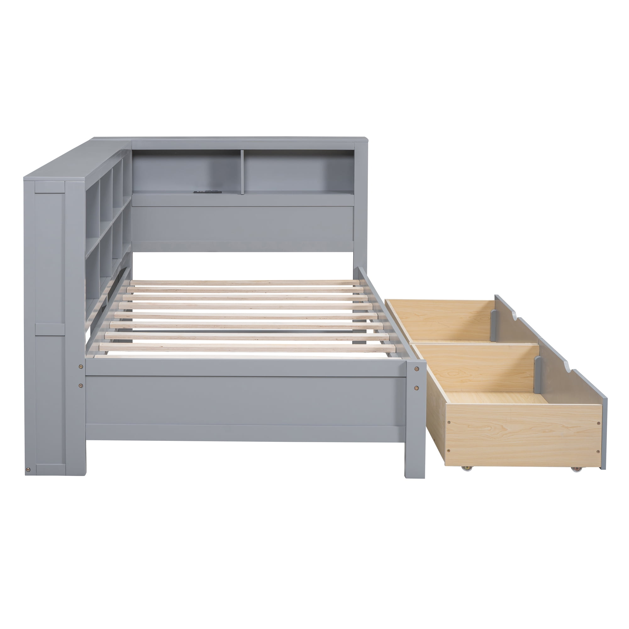 Mintazer Twin Daybed with Storage Headboard & Charging Station, 2 Drawers & Shelves for Kids Bedroom, Grey