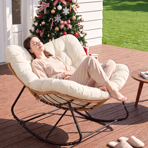 Arlopu Oversized Outdoor Papasan Rocking Chair, Heavy Duty Wicker Egg Lounge Chair with Cushion, Large Indoor Rocking Recliner for Living Room/Porch/Garden