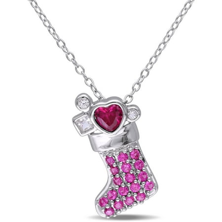 Tangelo 3/4 Carat T.G.W. Created Ruby and Created White Sapphire Sterling Silver Christmas Stocking Heart Charm Pendant, 18