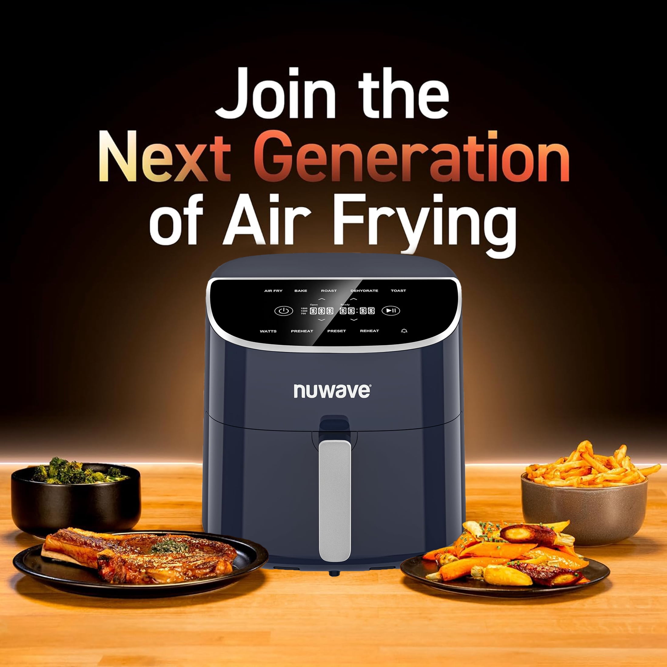 Nuwave Air Fryer Plus, 8QT Airfryer Smart Digital Touchscreen and 50°F~400°F in Precise 5°, 5 Cook Functions, 100 Presets & 50 Memory, Powerful 1800W for Quick and Easy Meals, Deep Blue