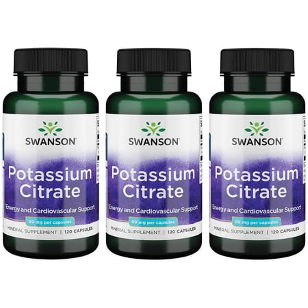 Swanson Potassium Citrate Mineral Supplement, Helps Support Heart Health & Energy, 99 mg, 120 Capsules, 3-Pack