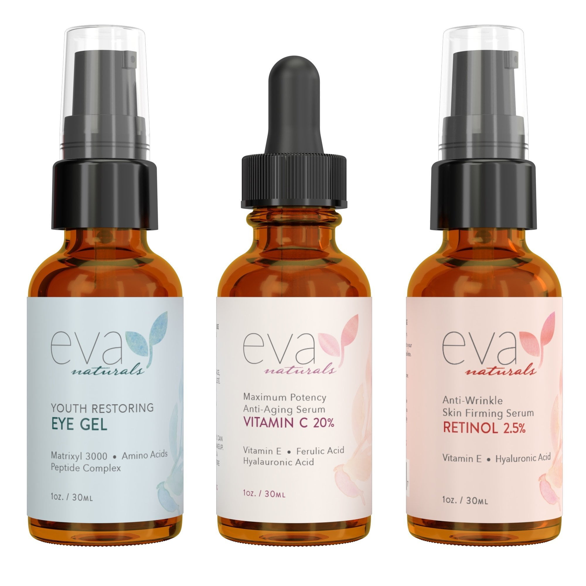 Eva Naturals Facelift in a Bottle - 3-in-1 Anti-Aging Set with Retinol Serum, Vitamin C Serum and Eye Gel - Formulated to Reduce Wrinkles, Fade Dark Spots and Treat Under-Eye Bags - Premiu