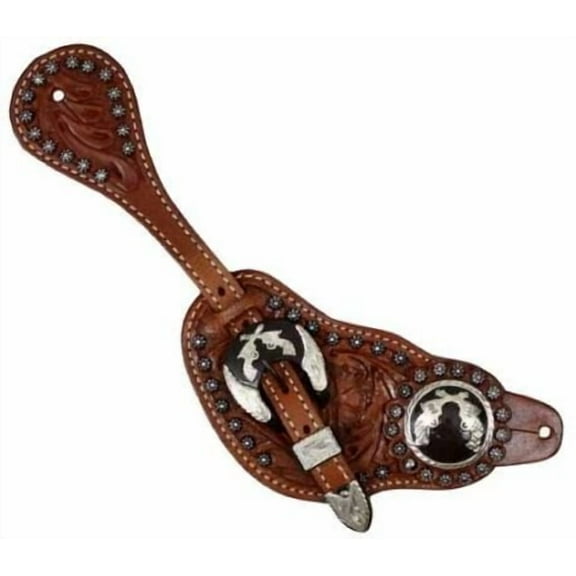 Showman Men's Tooled Leather Spur Straps w/ Silver Cross Pistol Conchos