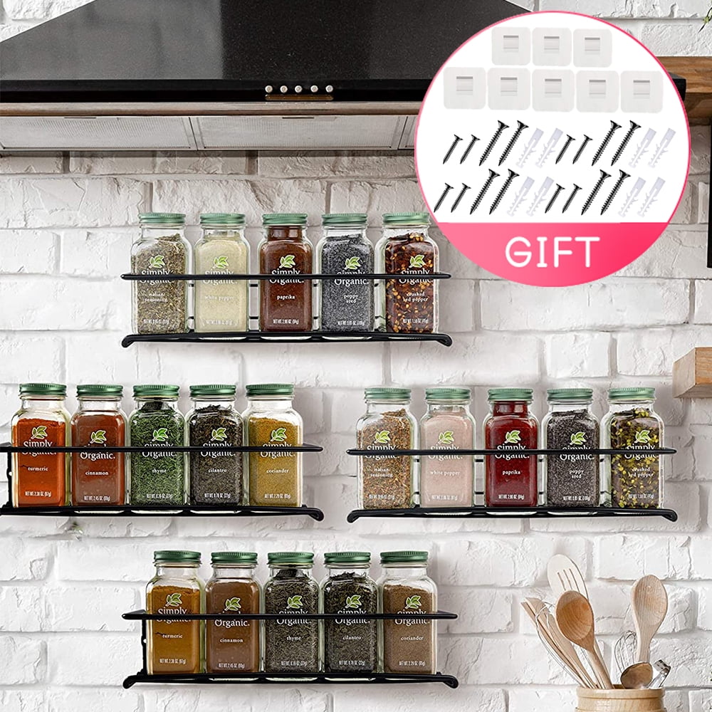 Spice Rack Organizer Wall Mounted 4-Tier Stackable Black Iron Wire Hanging Spice Shelf Storage Racks,Great for Kitchen and Pantry Storing Spices Household Items,Bathroom and More 