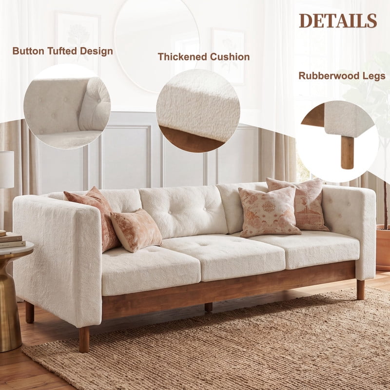 78" Modern Upholstered 3-Seater Sofa with Solid Wood Legs, Chenille Soft Couch with Square Arms & Tufted Pillow Back