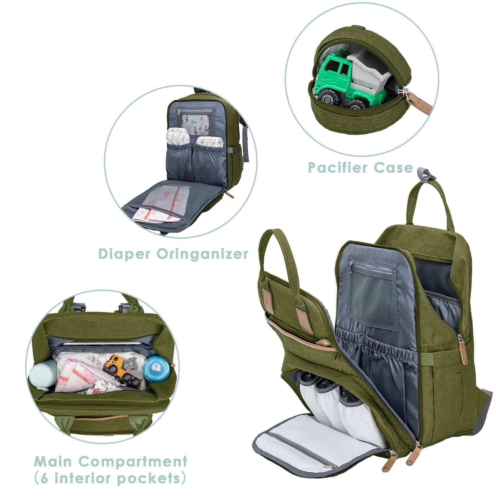 Kabaqoo Diaper Bag Backpack with Insulated Milk Bottle Pocket, Large Baby Diaper Bag for Travel, Green