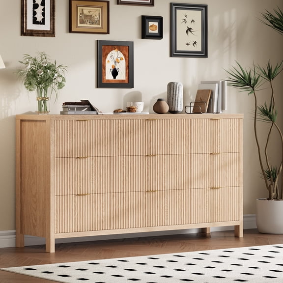 Farmhouse 9 Drawer Dressers for Bedroom, Slim Wood Chest of Drawers, Mid Century Modern Fluted Dresser Storage Organizer for Closet Living Room Apartment