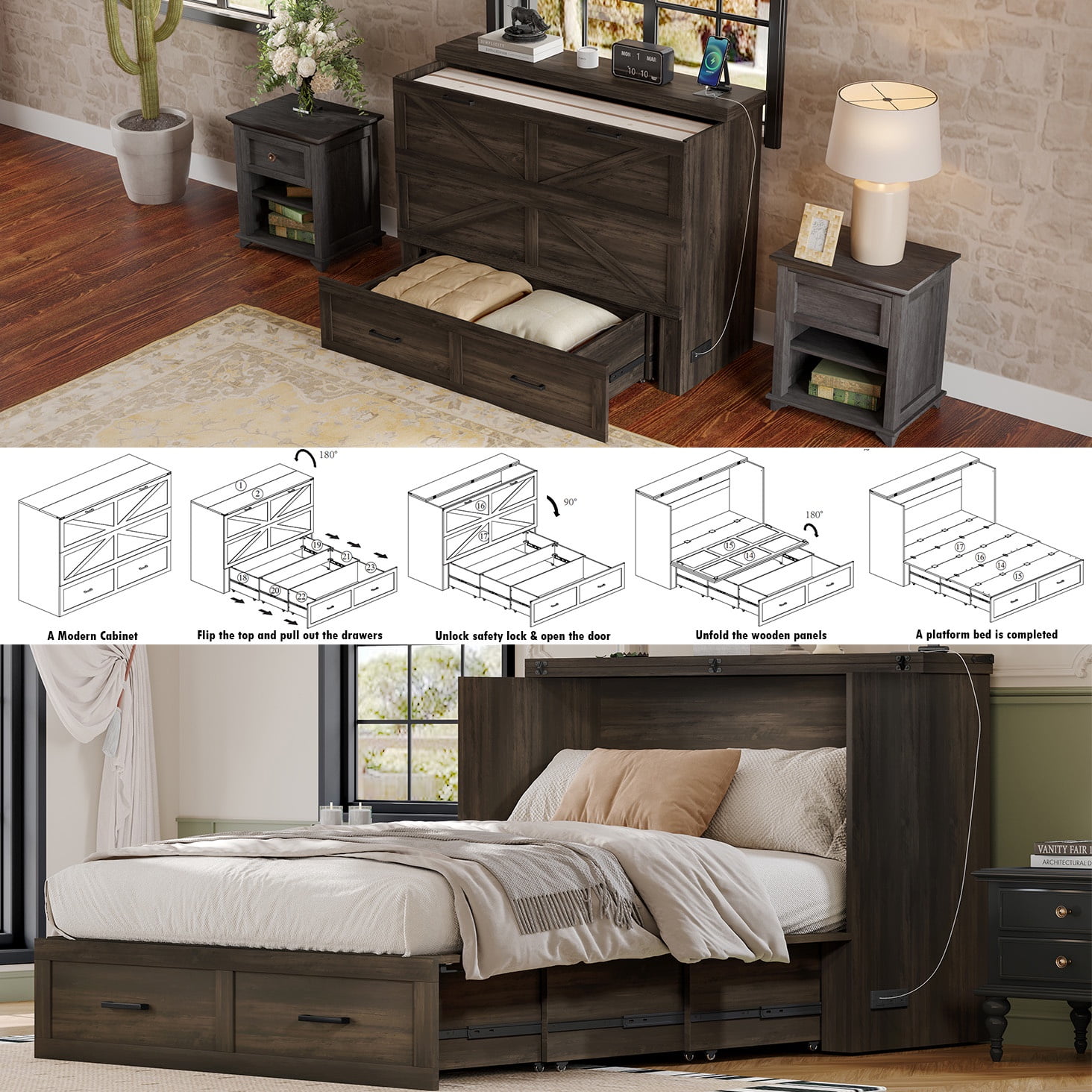Bellemave Full Size Farmhouse Murphy Bed Frame with Charging Station and Storage Drawer Foldable Cabinet Platform Bed for Guest Room or Home Office (Full Size, Rustic Gray)