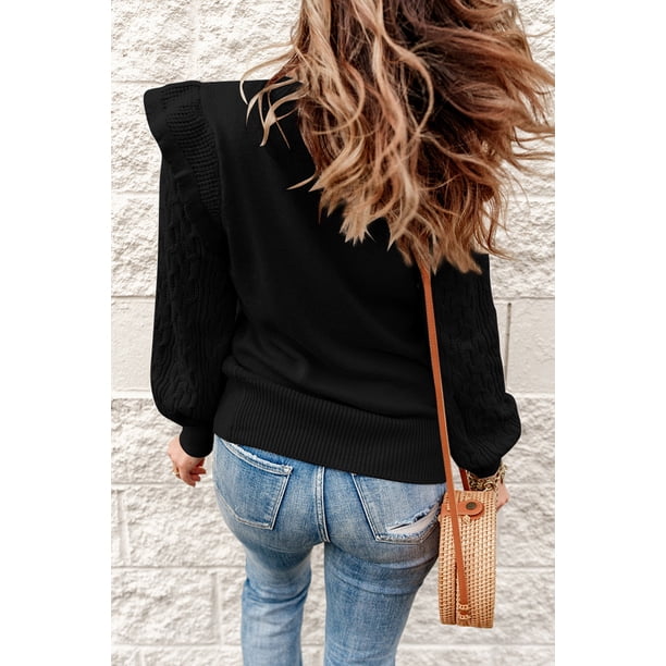 ABPHQTO Jersey De Mujer De Punto De Ochos Con Detalle De Volantes En Los Hombros Negro