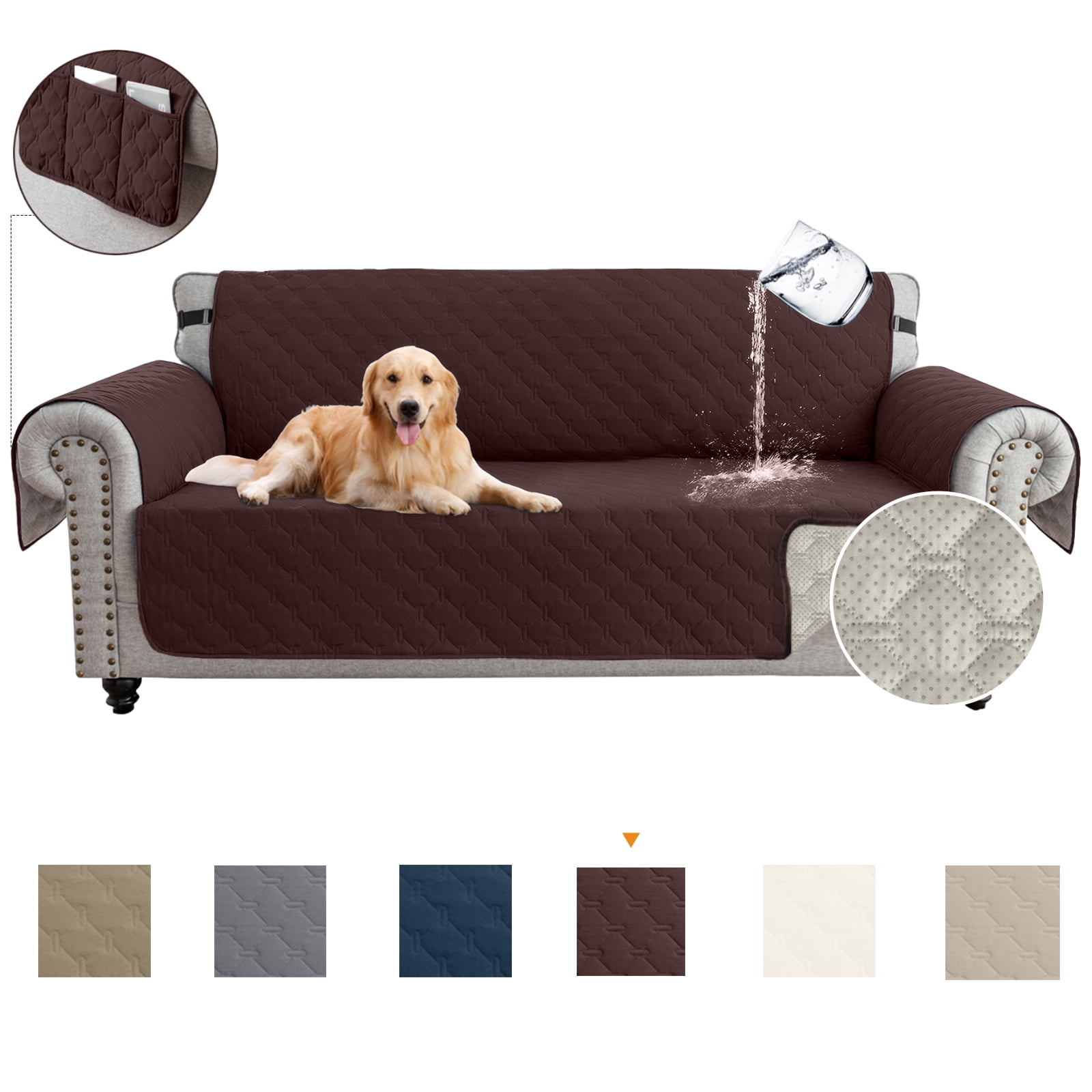 Sanmadrola Sofa Cover 100% Waterproof Couch Slipcovers Washable Non-Slip Furniture Protector with Pockets/Elastic Straps/Silicone Backing for Kids Pets Dogs, Brown, Sofa (Three-couch Sofa)