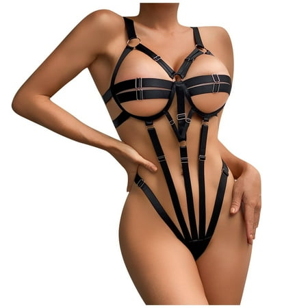 

Qcmgmg Lingerie for Women Black Strappy Teddy Bodysuit Sexy Cupless Babydoll Black M