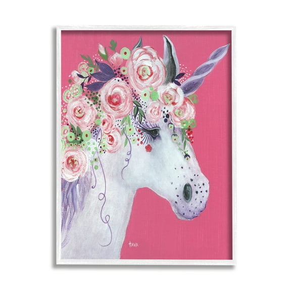 Stupell Industries Pink Florals Purple Unicorn Mythical Animal Portrait Fairy Tales & Fantasy Painting White Framed Art Print Wall Art, 11 x 14