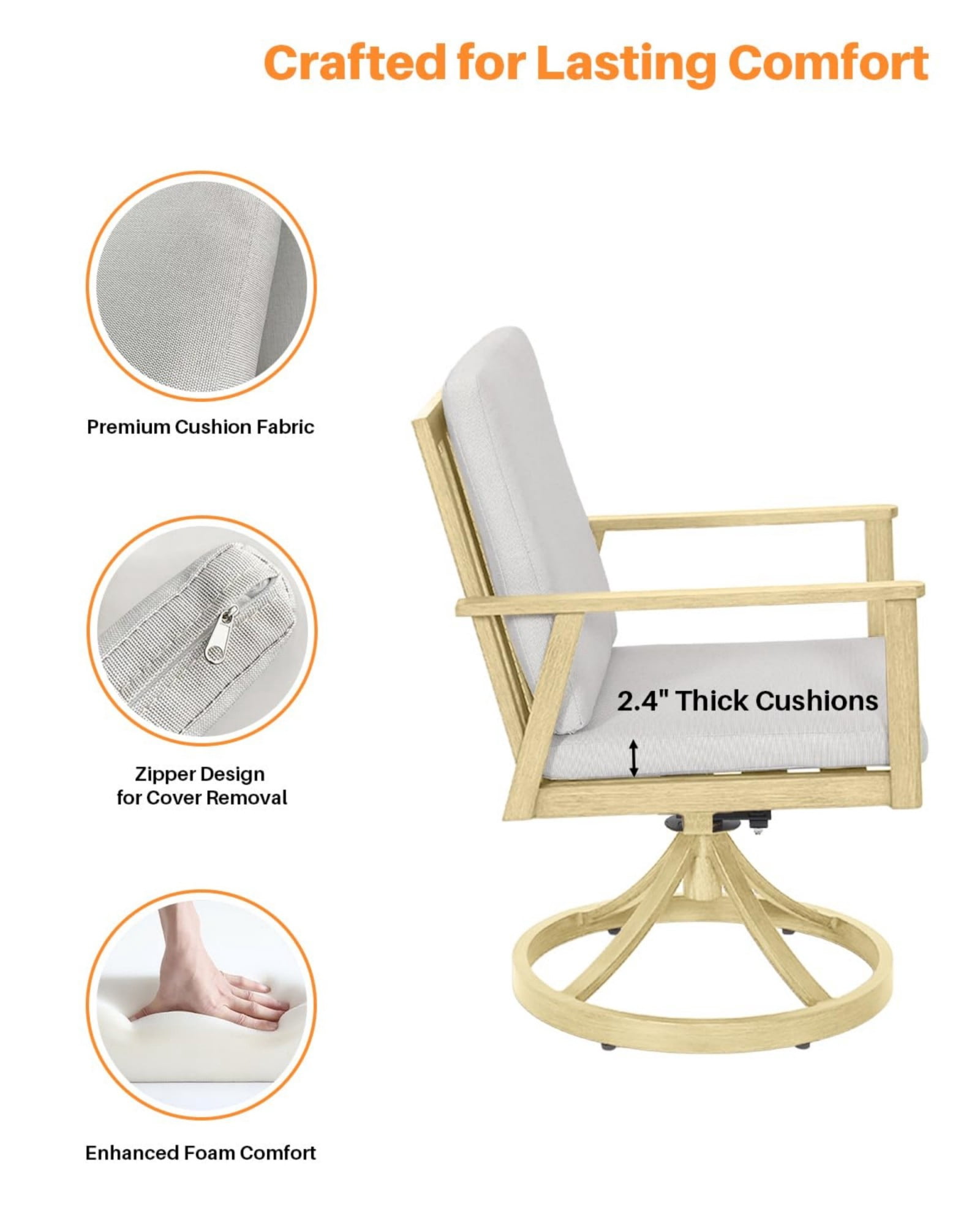 Swivel Outdoor Dining Chairs Set of 2, Aluminum Patio Dining Chairs with 360° Swivel, Thick Cushions, All Weather Rustproof Chairs for Patio, Garden, Balcony, Poolside, Natural