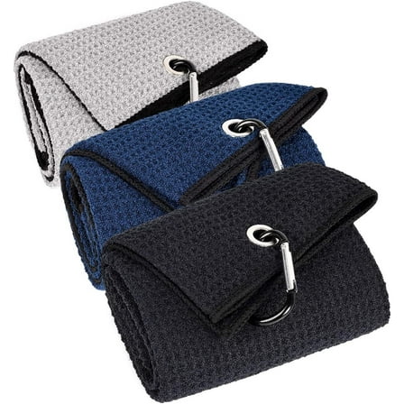 GoXteam 3 Pack Golf Towels (16" X 16"), Microfiber Waffle Pattern Golf Towel with Carabiner Clip, Suitable for Men's Golf Gifts (Bule/Gray/Black)